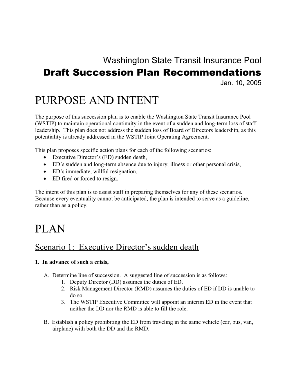 The Purpose of This Succession Plan Is to Enable the Washington State Transit Insurance