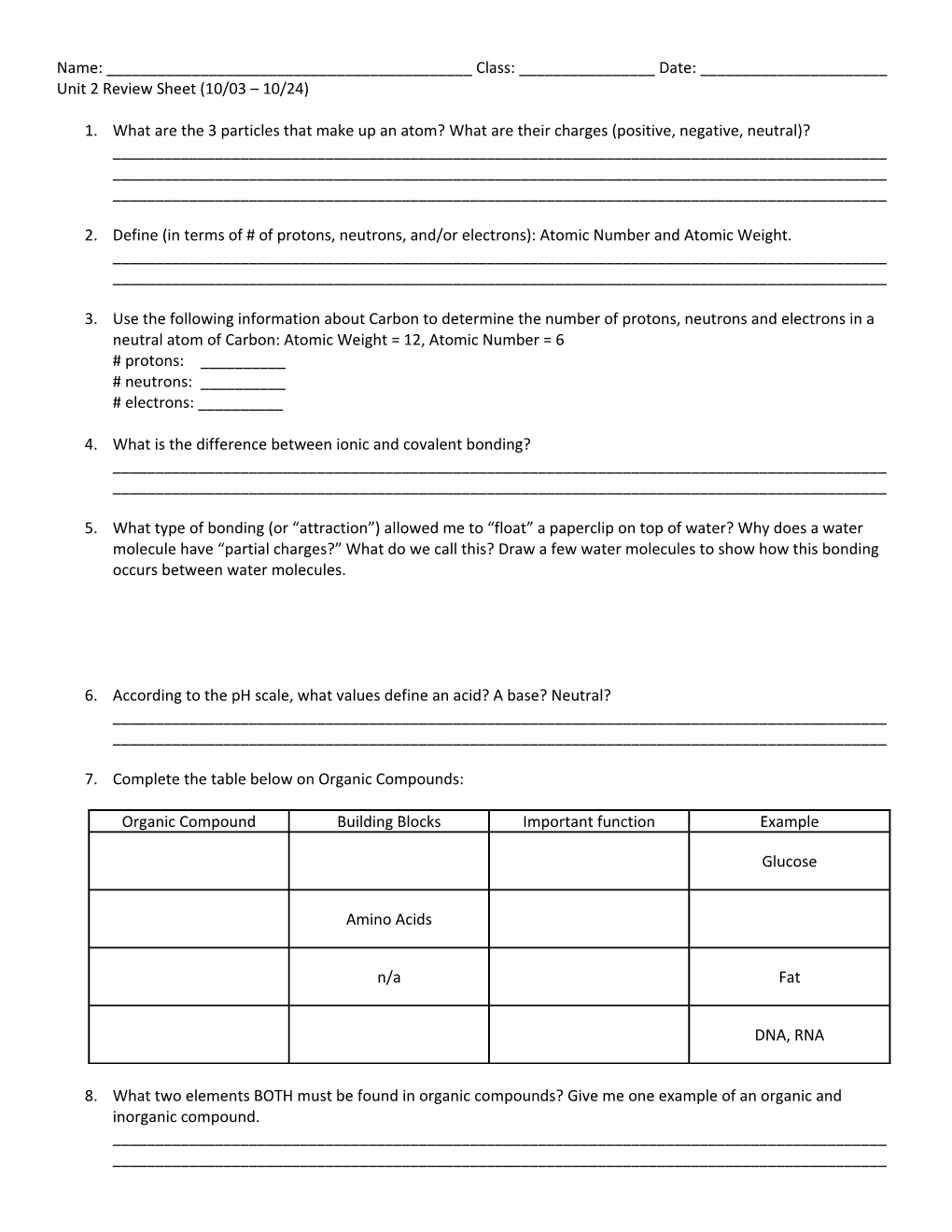 Unit 2 Review Sheet (10/03 10/24)