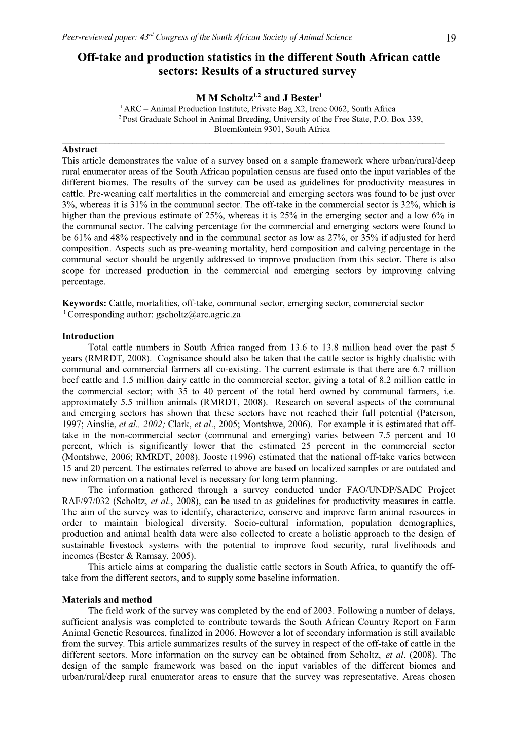 The Quantification of Cattle Exits in the Different Cattle Sectors of South Africa