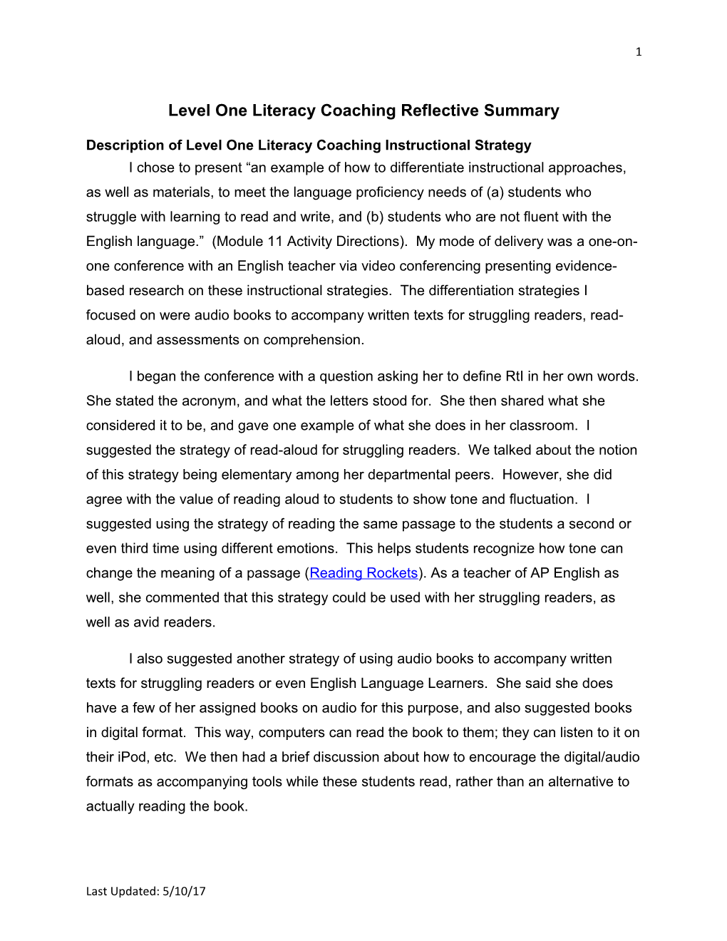 Level One Literacy Coaching Reflective Summary
