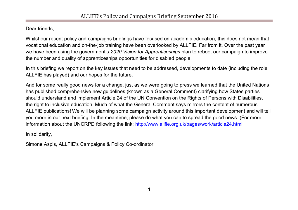 ALLIFE S Policy and Campaigns Briefing September 2016