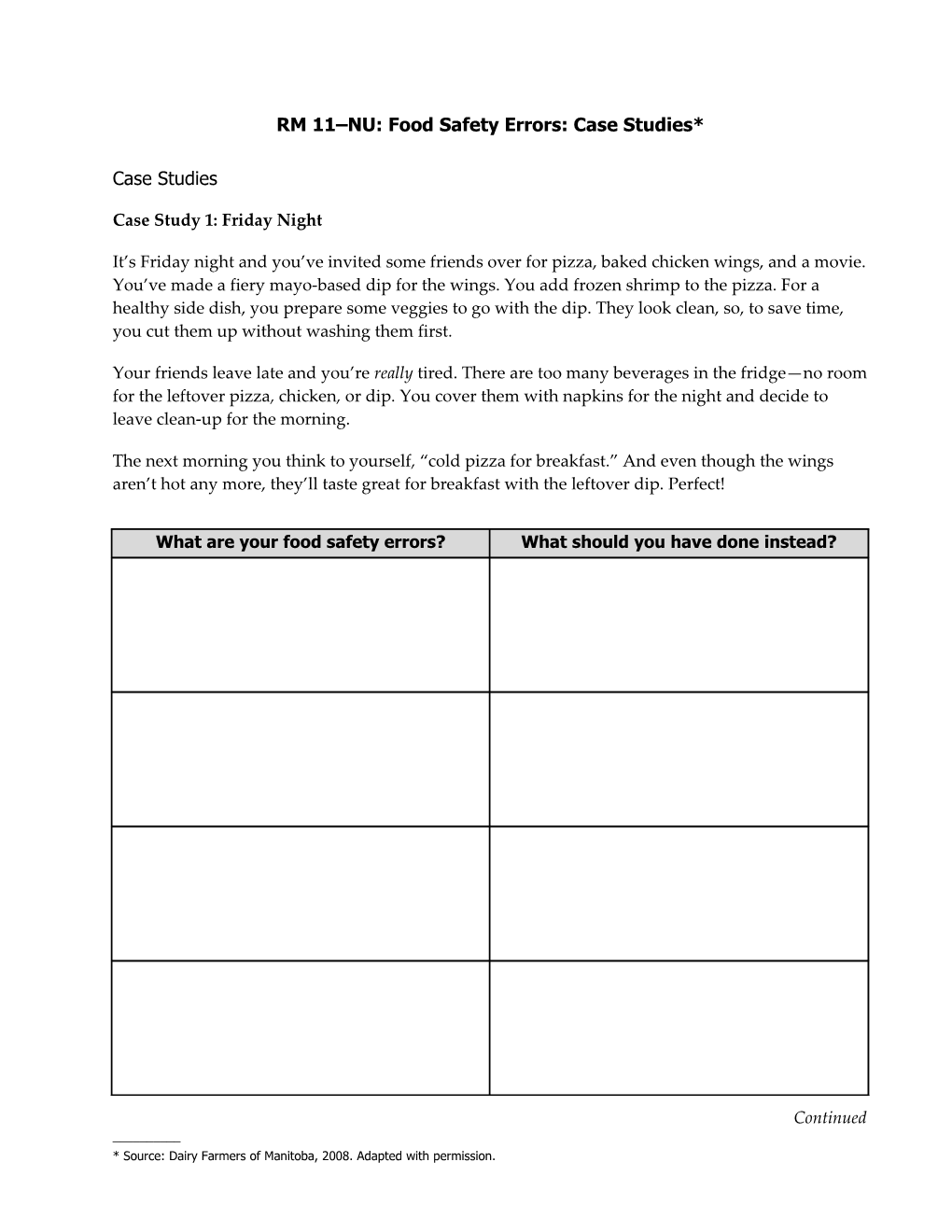 RM 11 NU: Food Safety Errors: Case Studies*