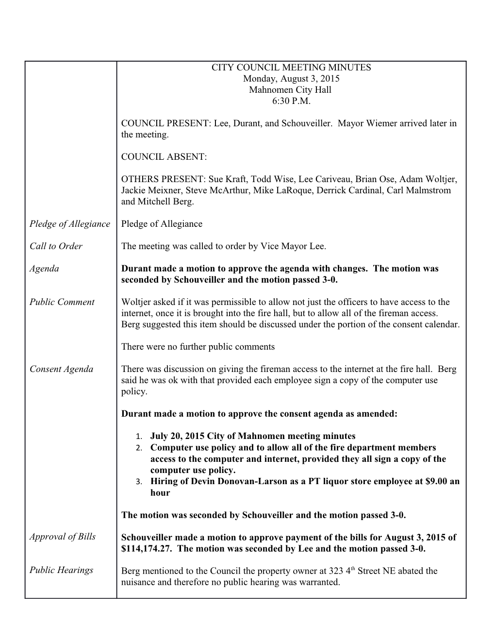 July 20, 2015 City of Mahnomen Meeting Minutes