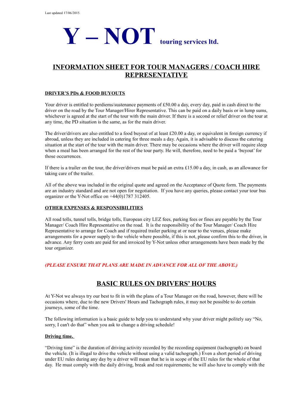 Information Sheet Four Tour Managers