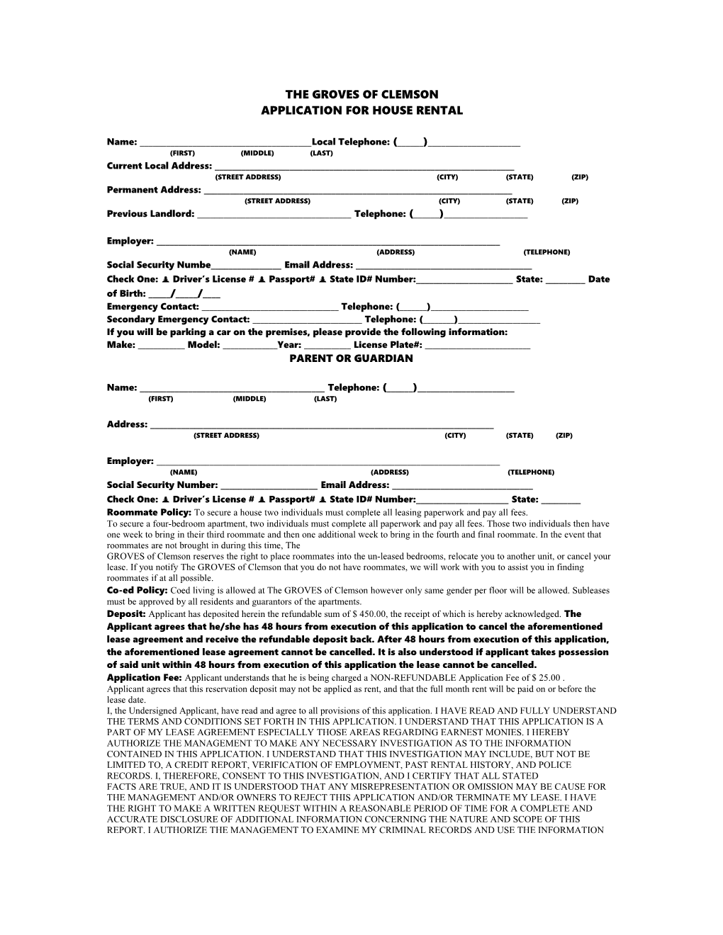 Application for House Rental