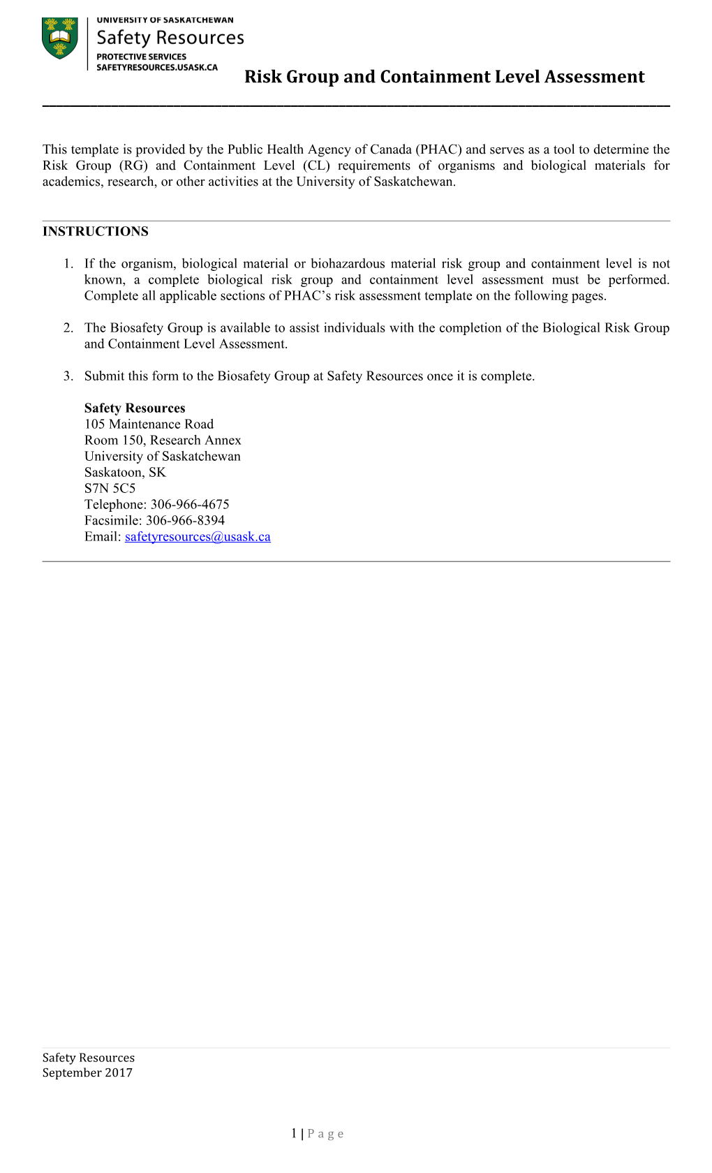 Risk Group and Containment Level Assessment