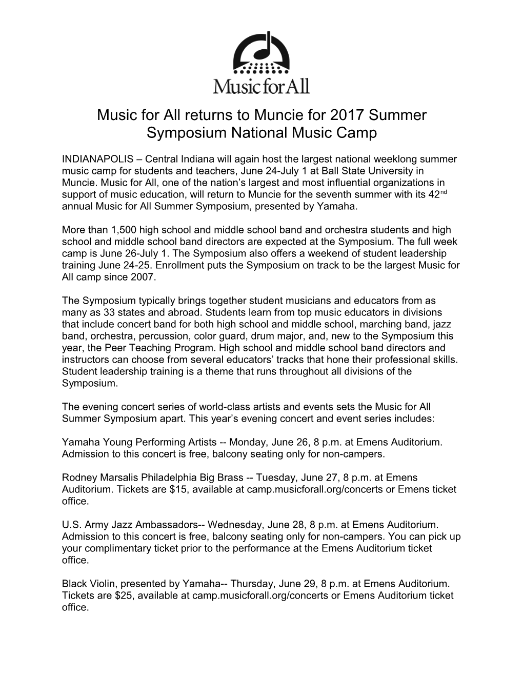 Music for All Returns to Muncie for 2017 Summer Symposium National Music Camp