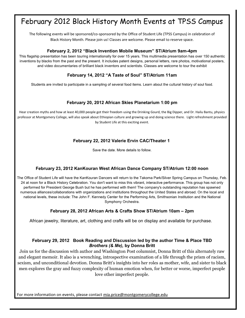 February 2012 Black History Month Events at TPSS Campus