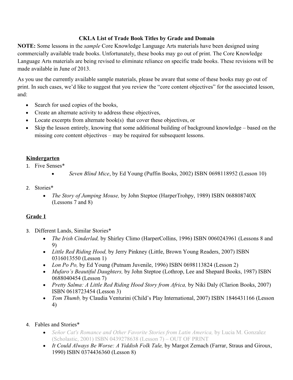 CKLA List of Trade Book Titles by Grade and Domain