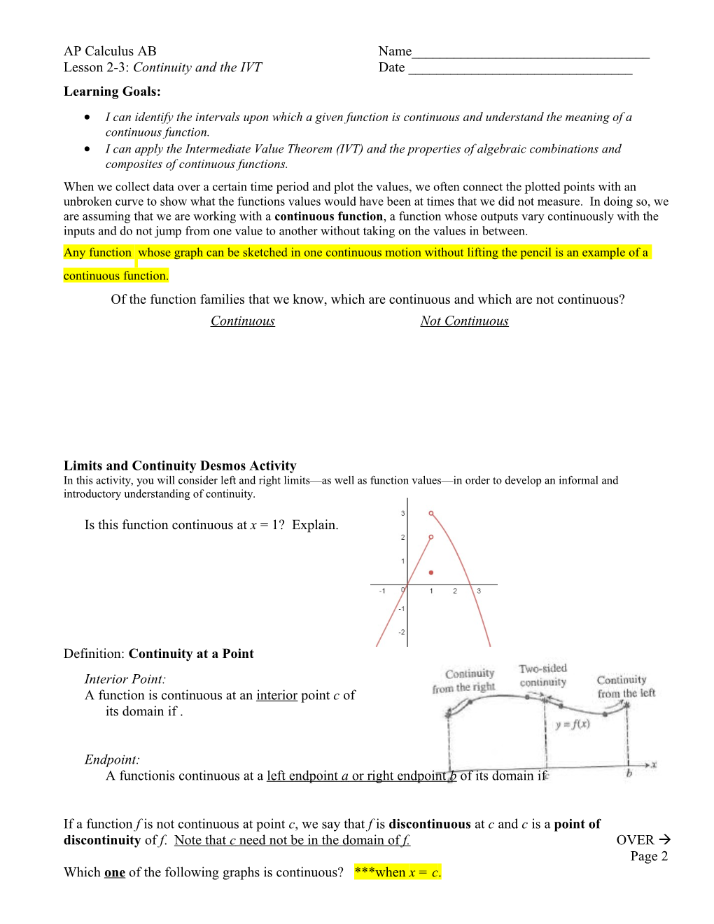 Lesson 2-3:Continuity and the Ivtdate ______