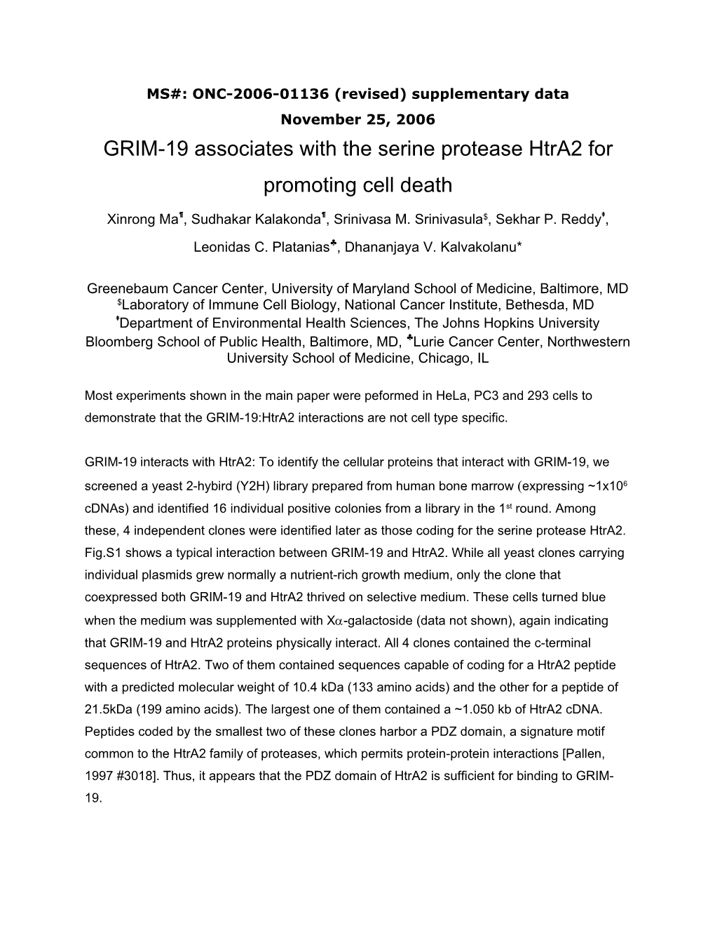 GRIM-19 Interacts with Htra2: to Identify the Cellular Proteins That Interact with GRIM-19