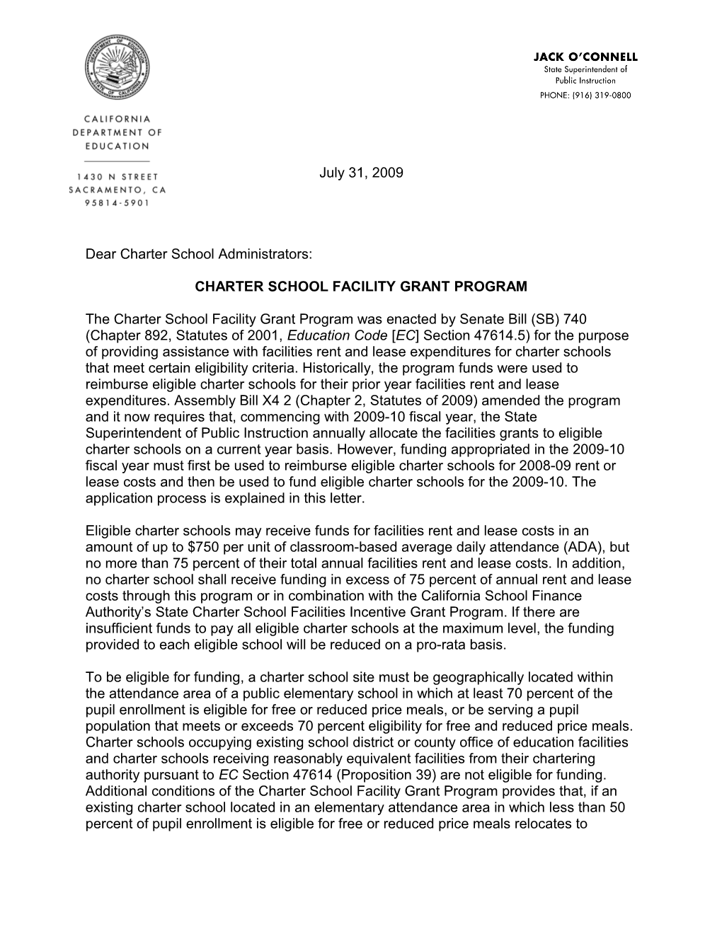 LTR-09: Charter School Facility Grant Program (CA Dept of Education)