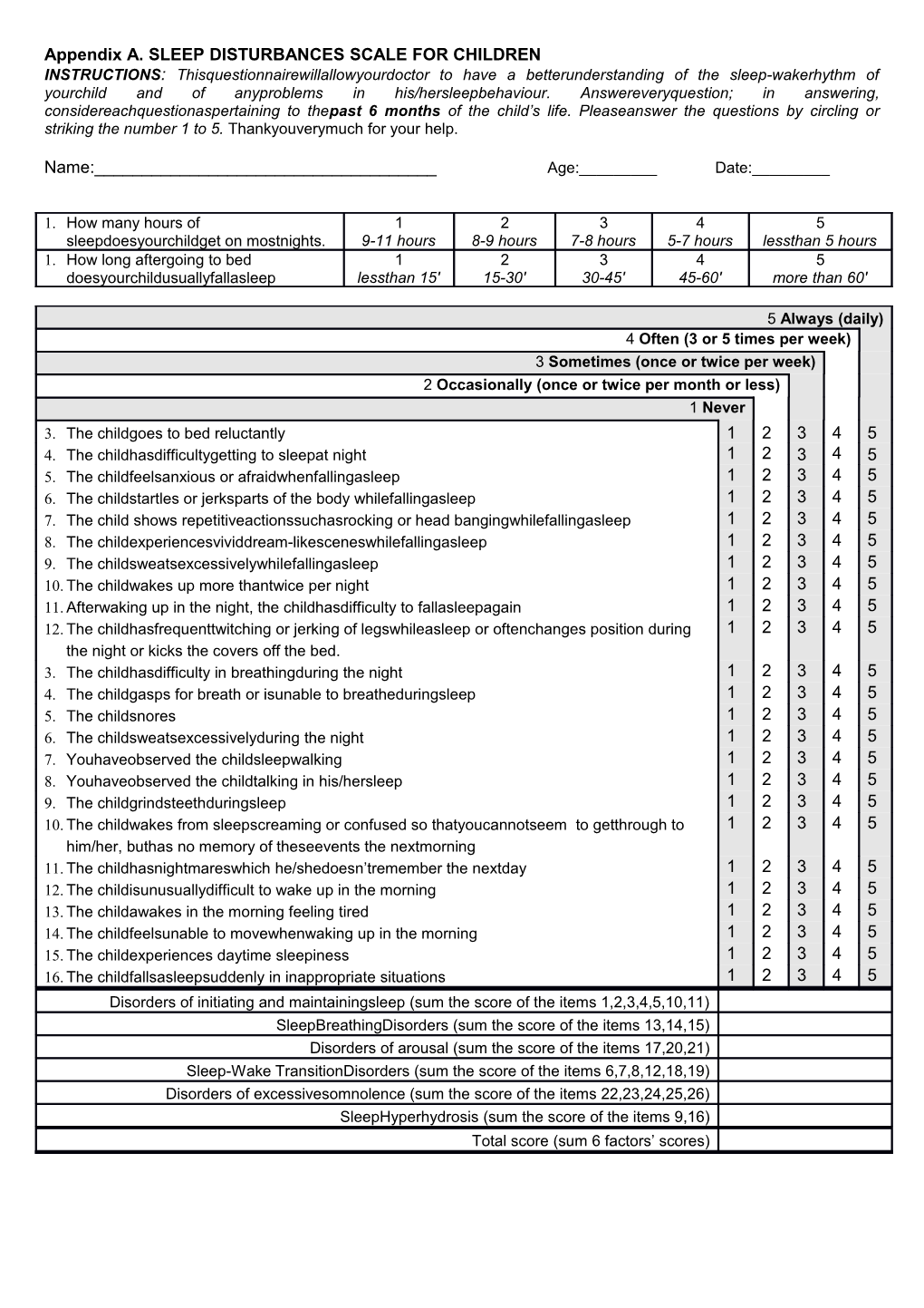 Appendix A. SLEEP DISTURBANCES SCALE for CHILDREN