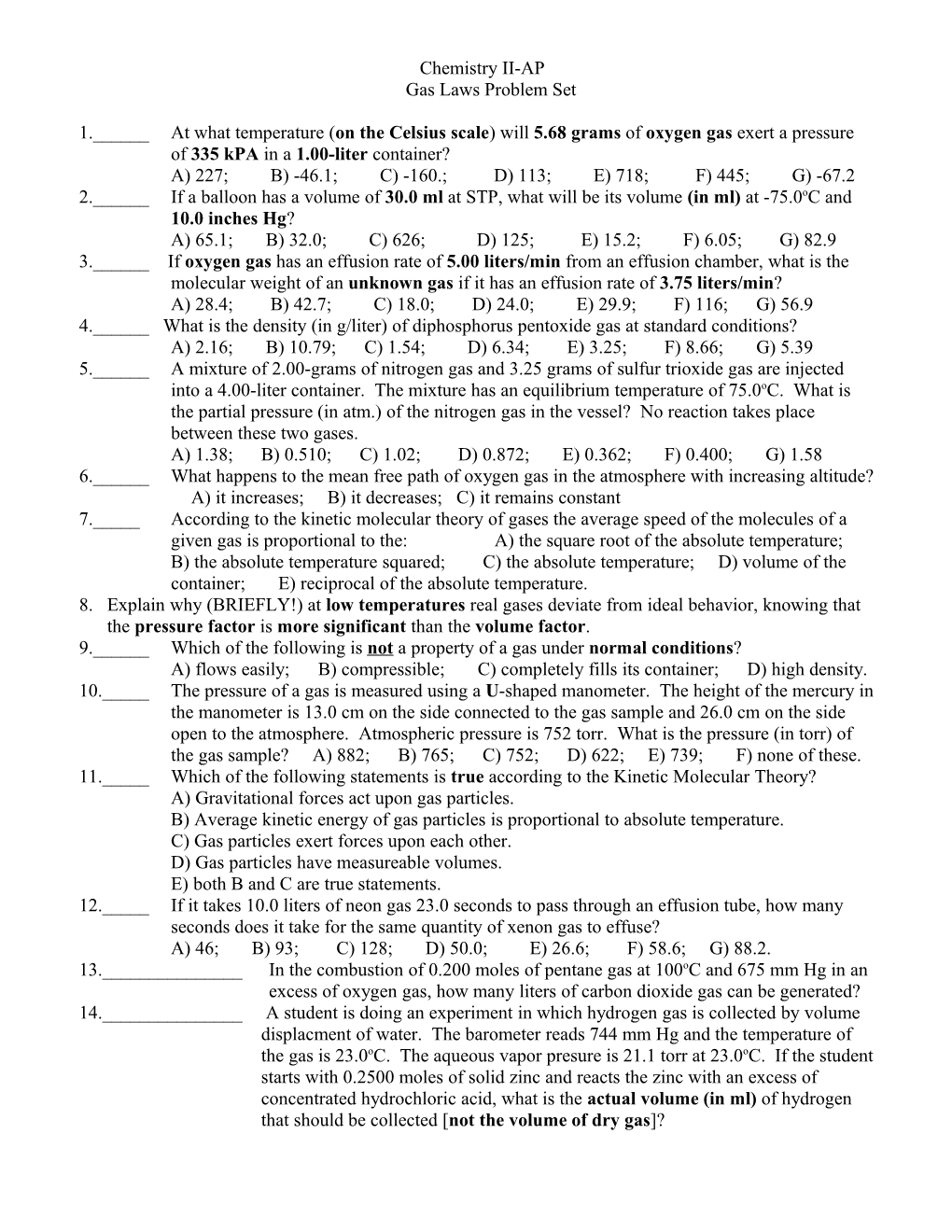 Gas Laws Problem Set