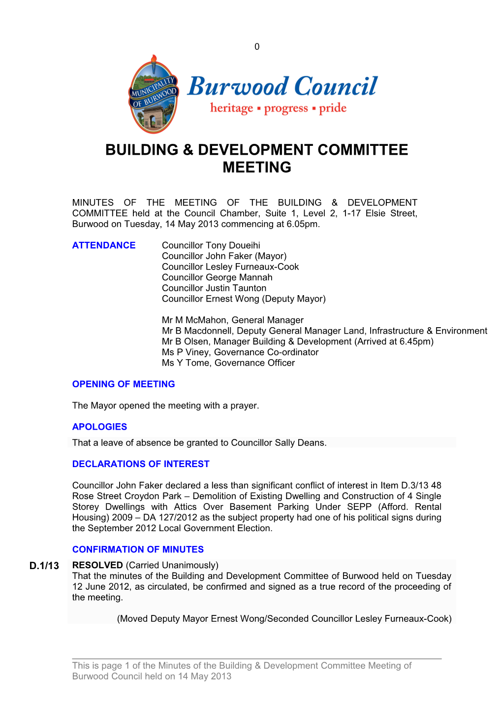 Pro-Forma Minutes of Building & Development Committee Meeting - 14 May 2013