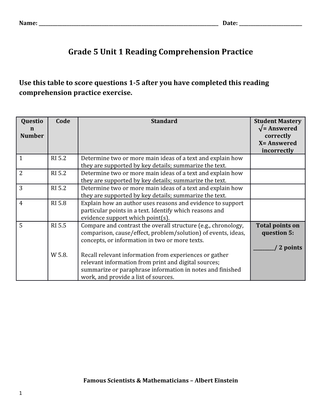 Grade 5 Unit 1 Reading Comprehension Practice