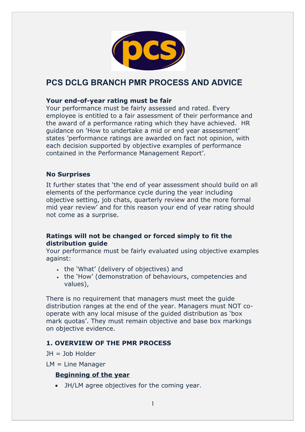 Pcs Dclg Branch Pmr Process and Advice