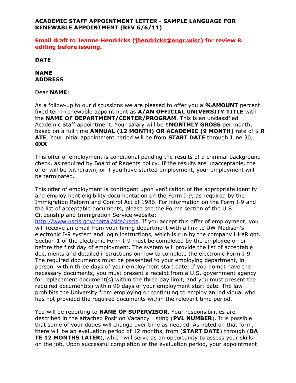 Academic Staff Appointment Letter - Sample Language