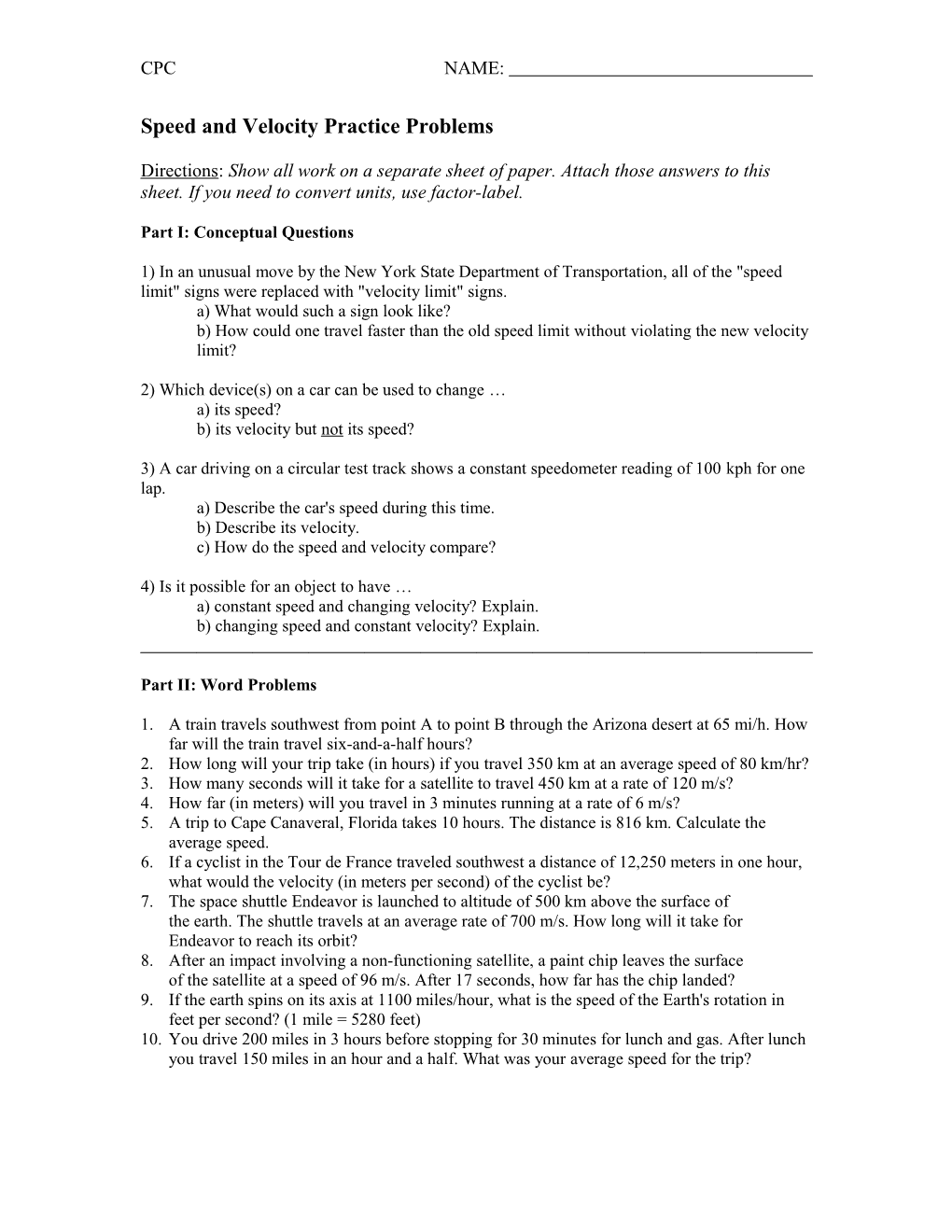 Speed and Velocity Practice Problems