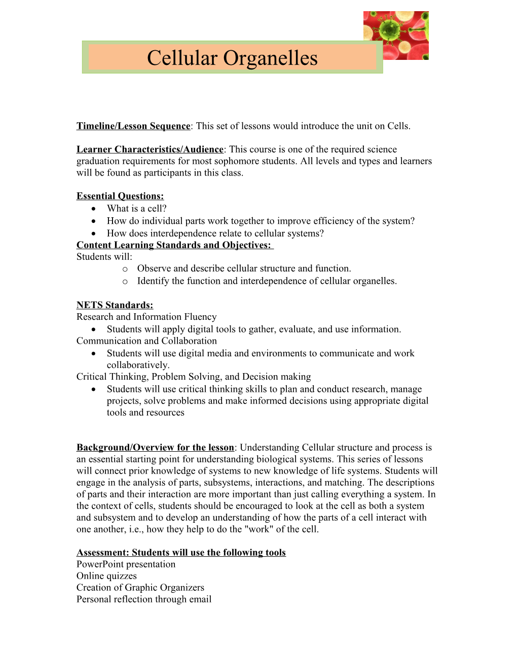 Timeline/Lesson Sequence : This Set of Lessons Would Introduce the Unit on Cells