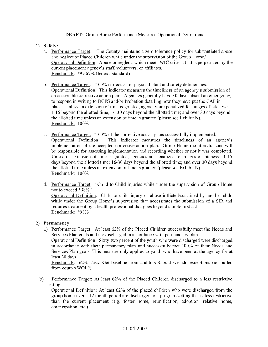 DRAFT: Group Home Performance Measures Operational Definitions