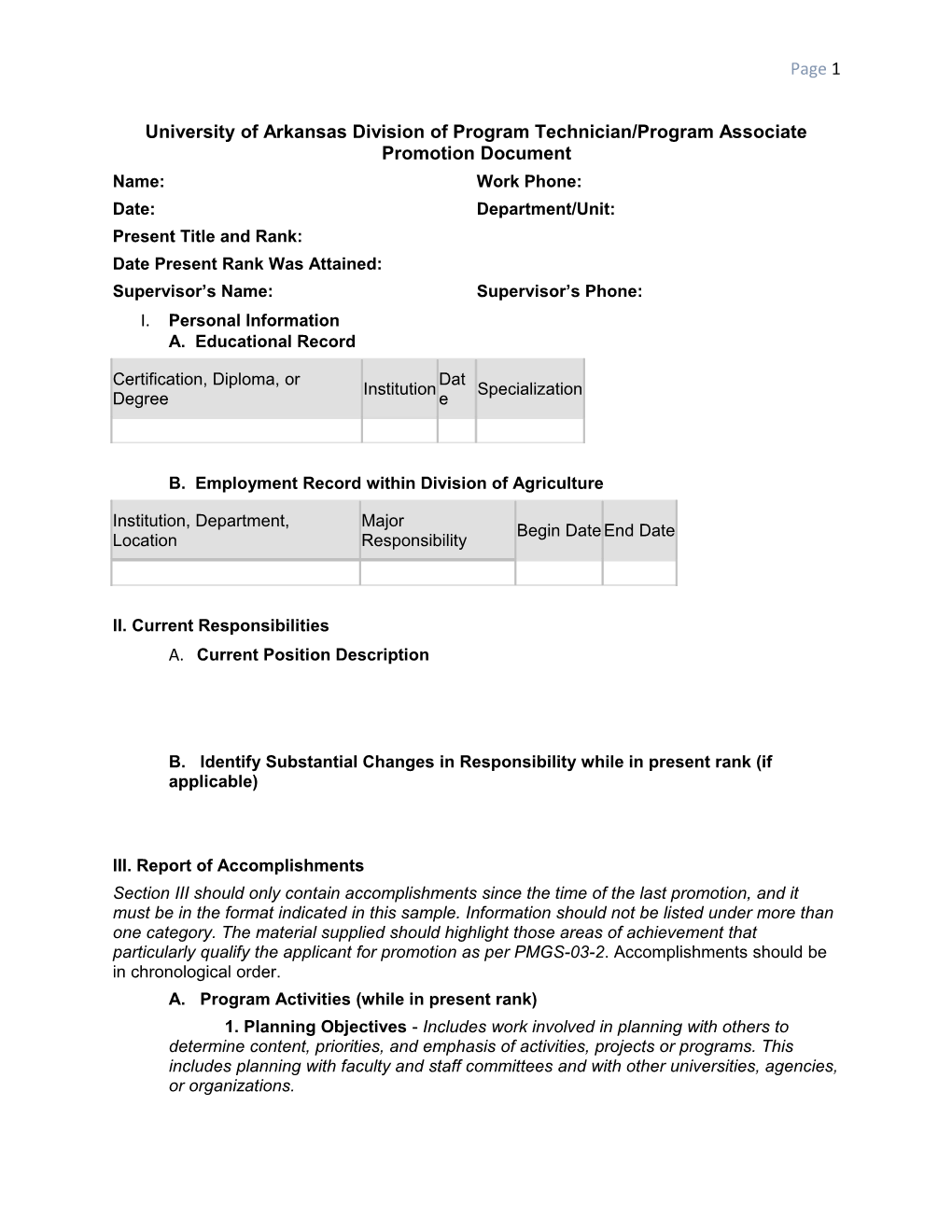 University of Arkansas Division of Program Technician/Program Associate Promotion Document