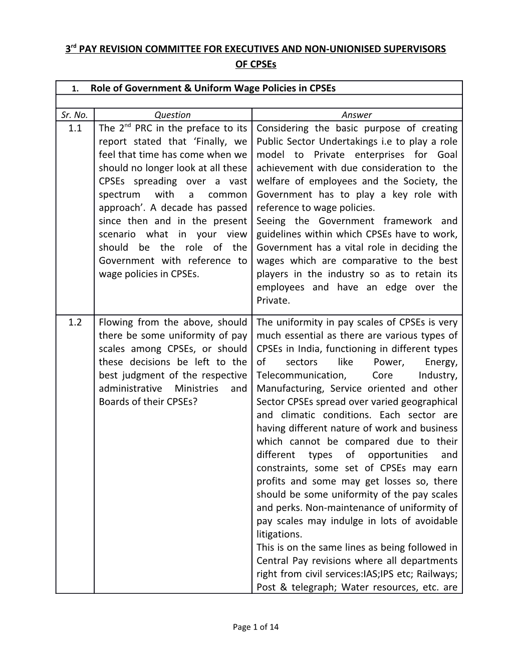 3Rd PAY REVISION COMMITTEE for EXECUTIVES and NON-UNIONISED SUPERVISORS of Cpses