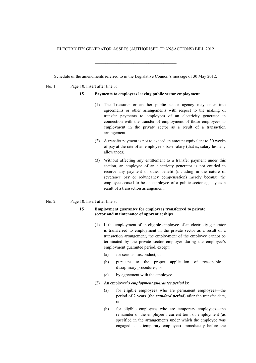 Electricity Generator Assets (Authorised Transactions) Bill 2012