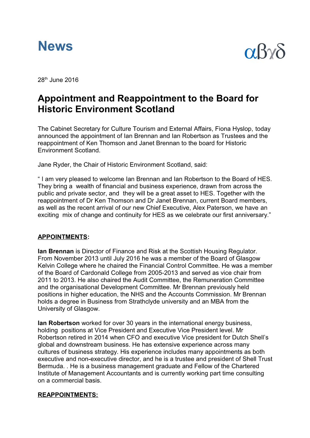 Appointment and Reappointment to the Board for Historic Environment Scotland