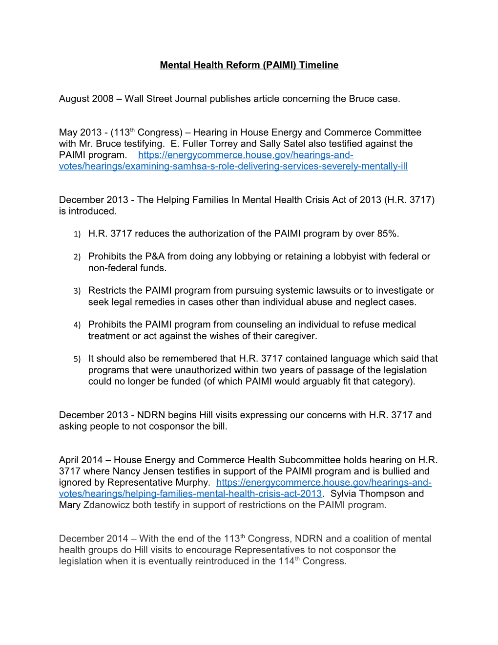 Mental Health Reform (PAIMI) Timeline