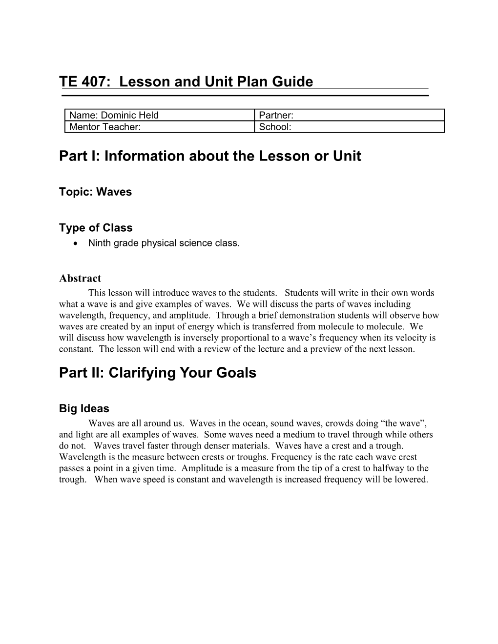 TE 401: Lesson and Unit Plan Template