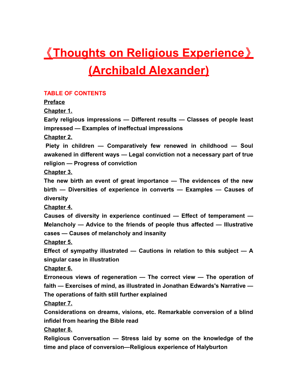 Thoughts on Religious Experience (Archibald Alexander)