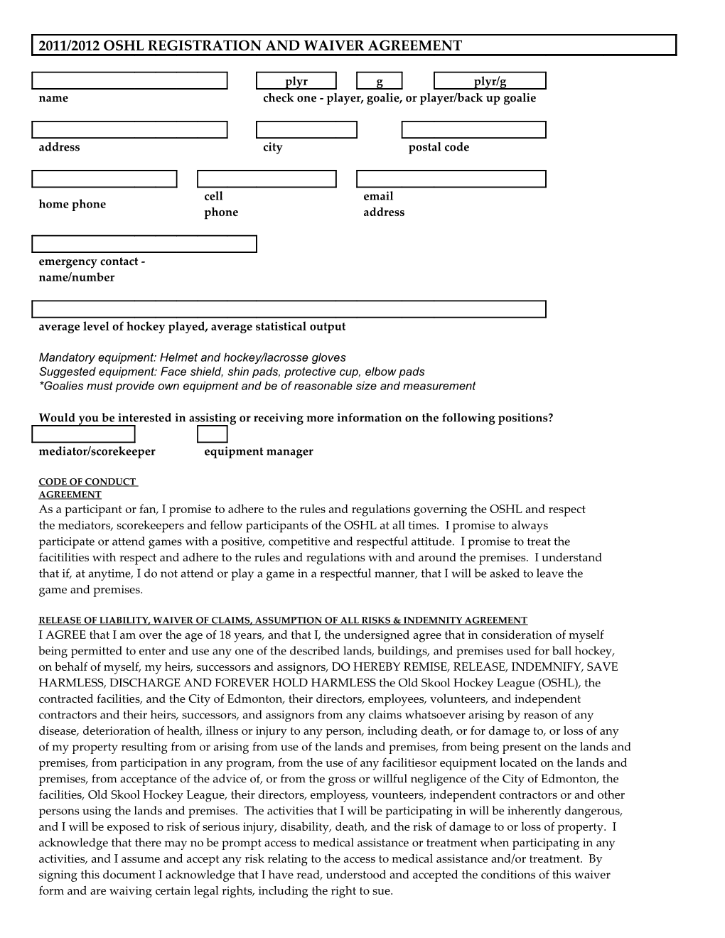 2011/2012 Oshl Registration and Waiver Agreement