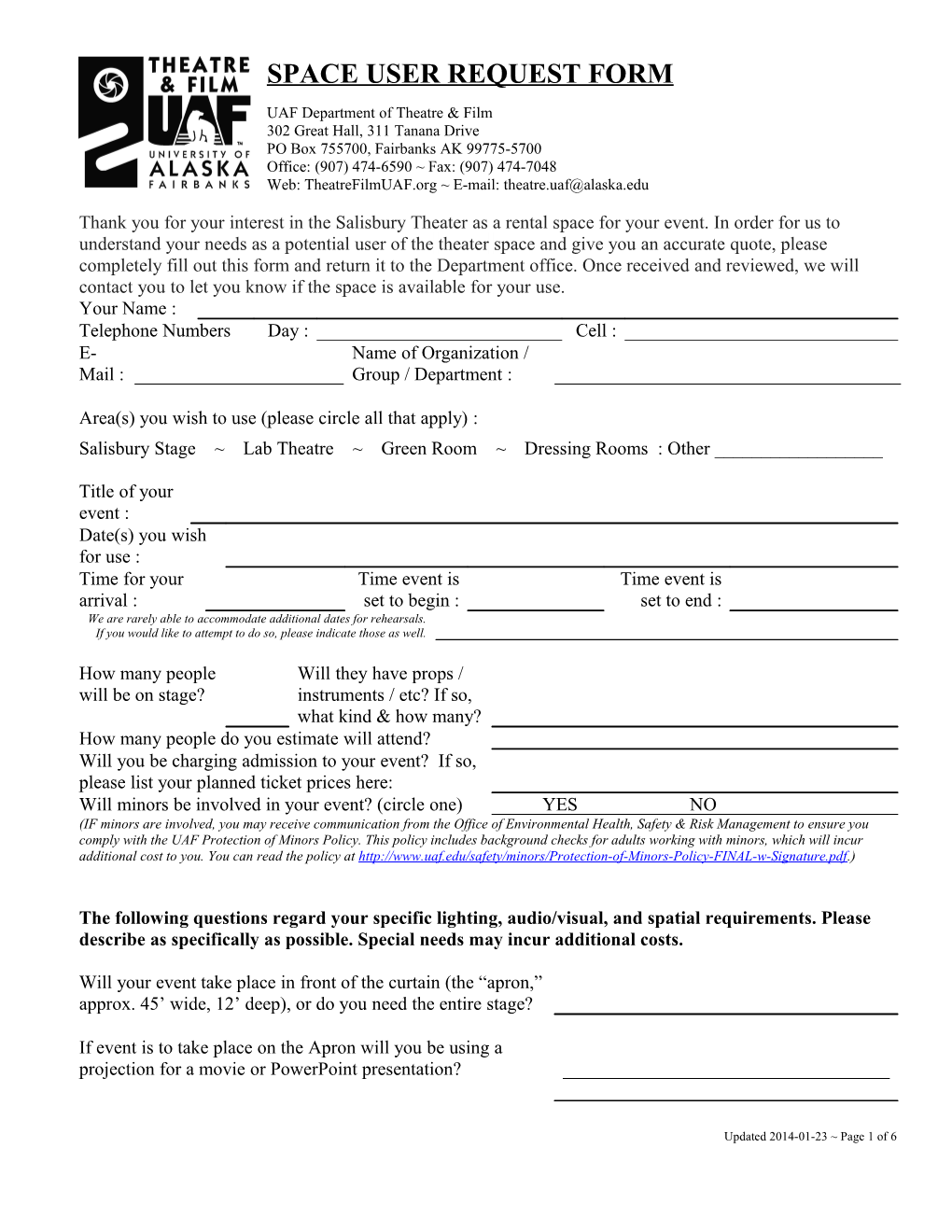Theatre UAF Space User Information Form