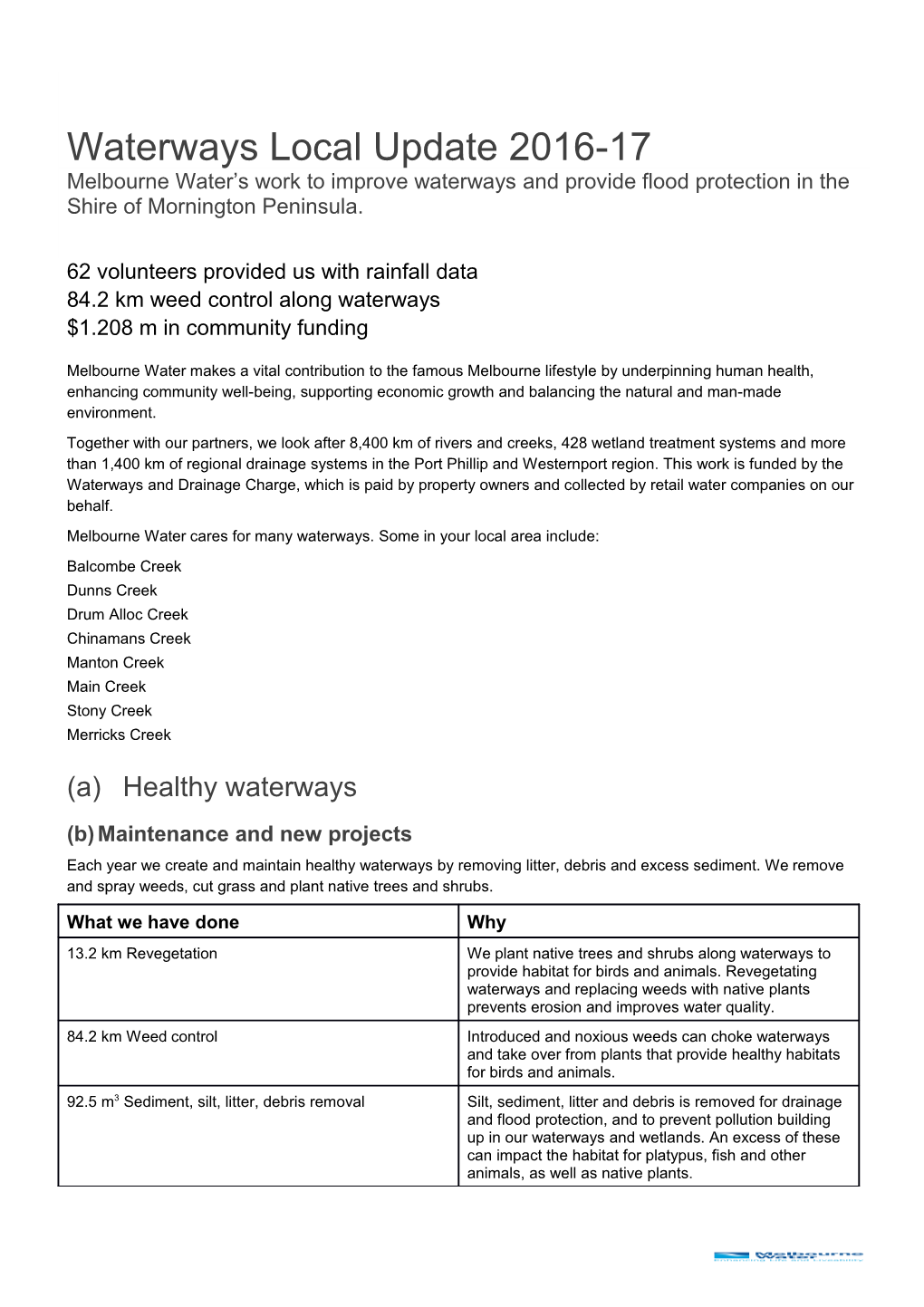 Shire of Mornington Peninsula Waterways Local Update 2016-17