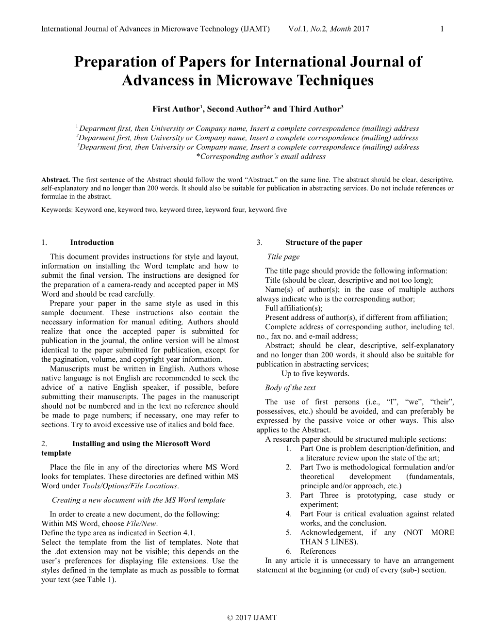 Preparation of Papers for International Journal of Advancess in Microwave Techniques