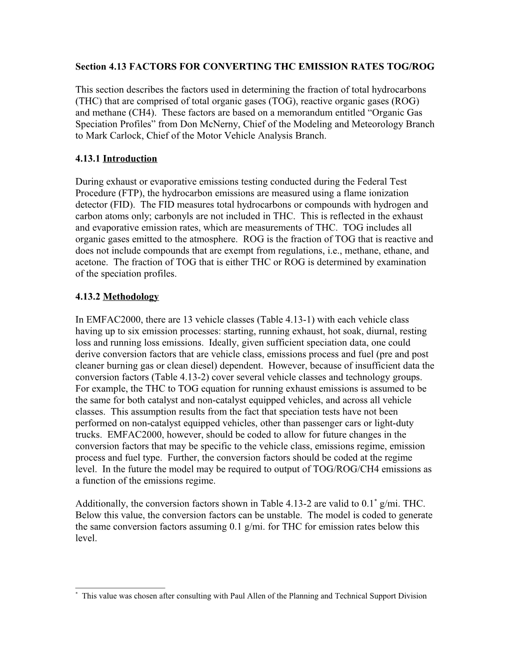 Section 4.13 FACTORS for CONVERTING THC EMISSION RATES TOG/ROG