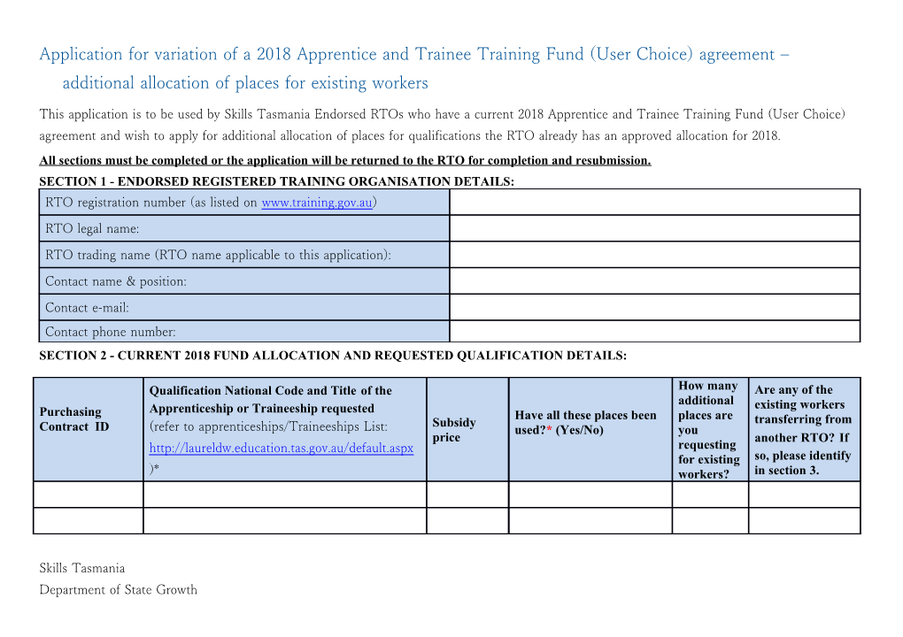 Application for Variation of a 2018 Apprentice and Trainee Training Fund (User Choice)