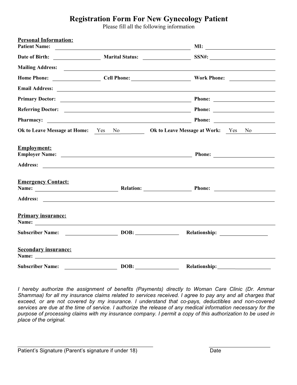 Registration Form for New Gynecology Patient