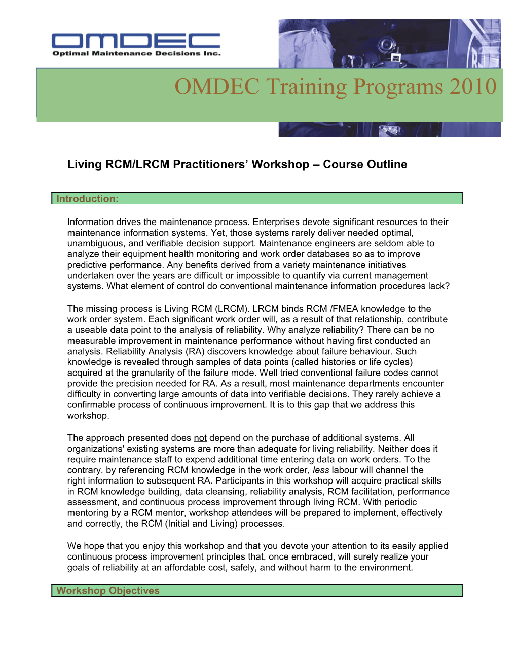 Living RCM/LRCM Practitioners Workshop Course Outline