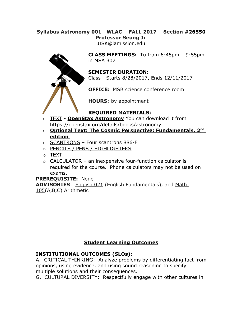 Syllabus Astronomy 001 WLAC FALL 2017 Section #26550