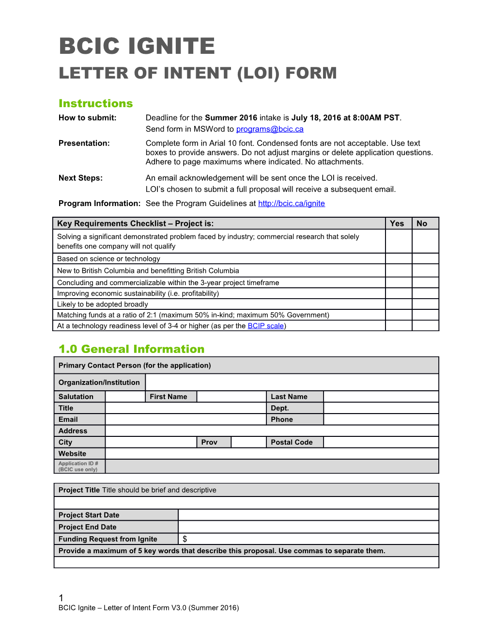 Letter of Intent (LOI) Form