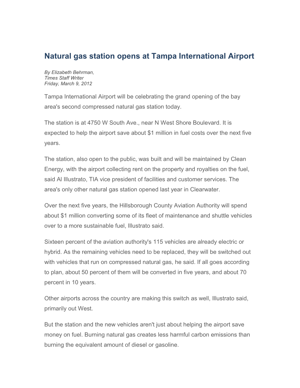 Natural Gas Station Opens at Tampa International Airport