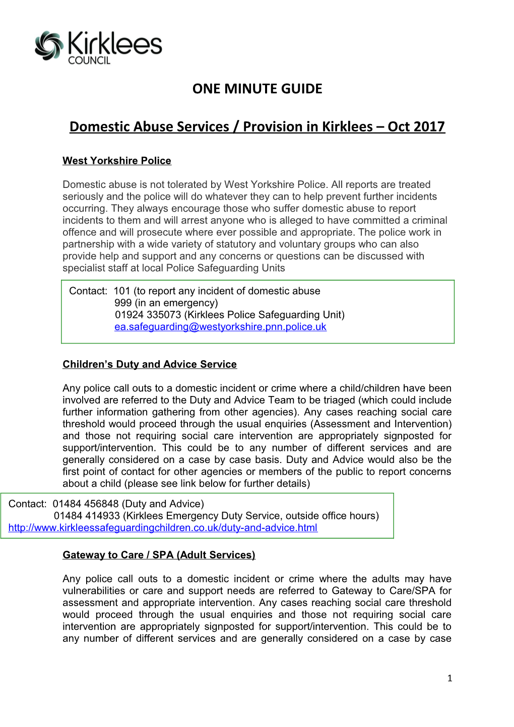 Domestic Abuse Services / Provision in Kirklees Oct 2017