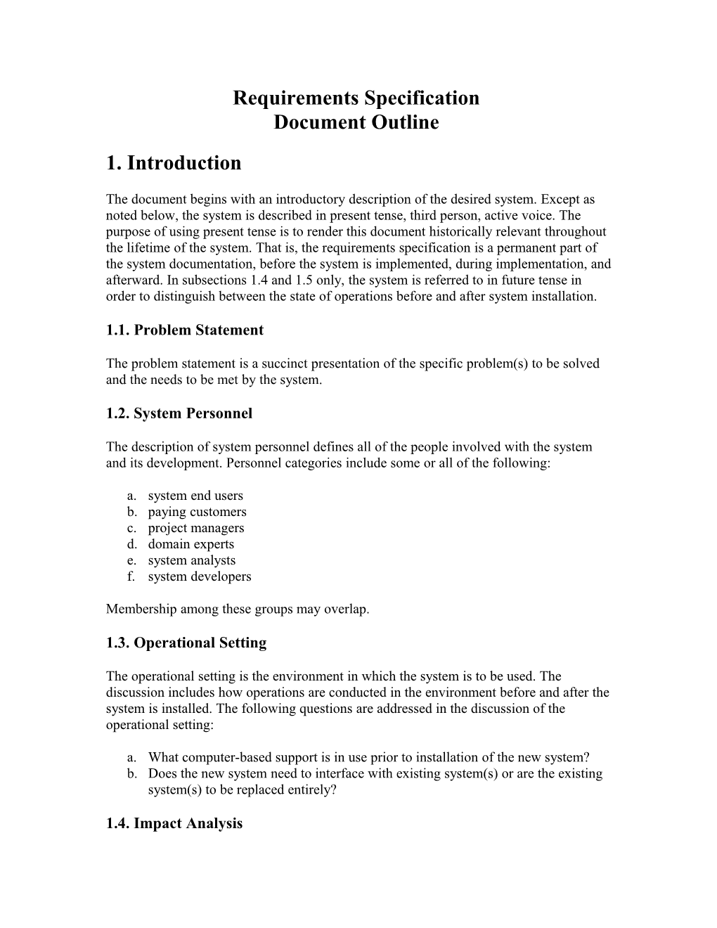 Requirements Specification Document Outline
