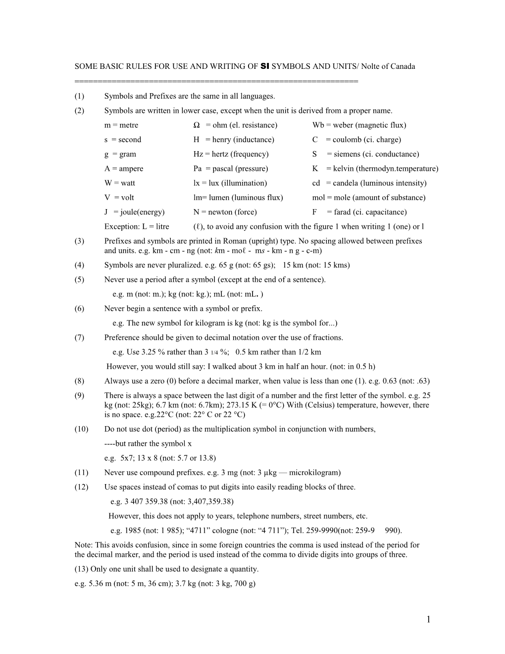 Some Basic Rules for Use and Writing of S I Symbols and Units