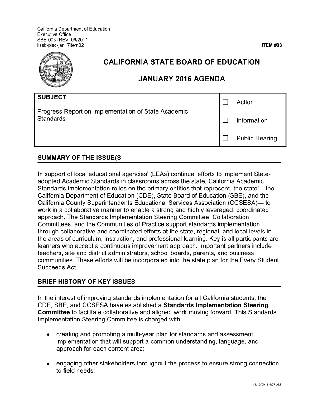 January 2017 Agenda Item 03 - Meeting Agendas (CA State Board of Education)