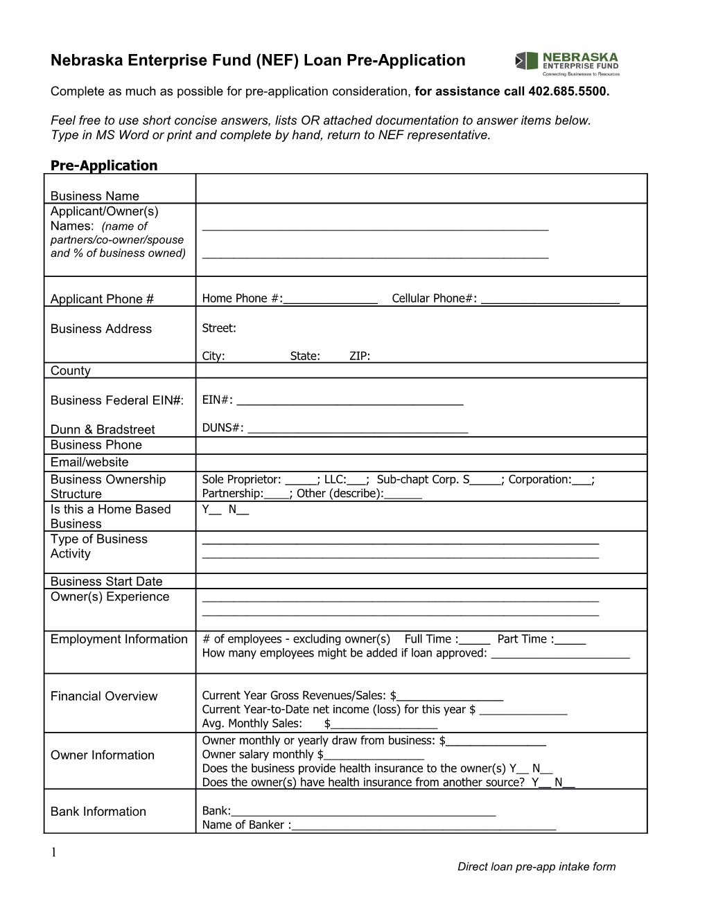 Nebraska Enterprise Fund Evergreen Loan Application Form