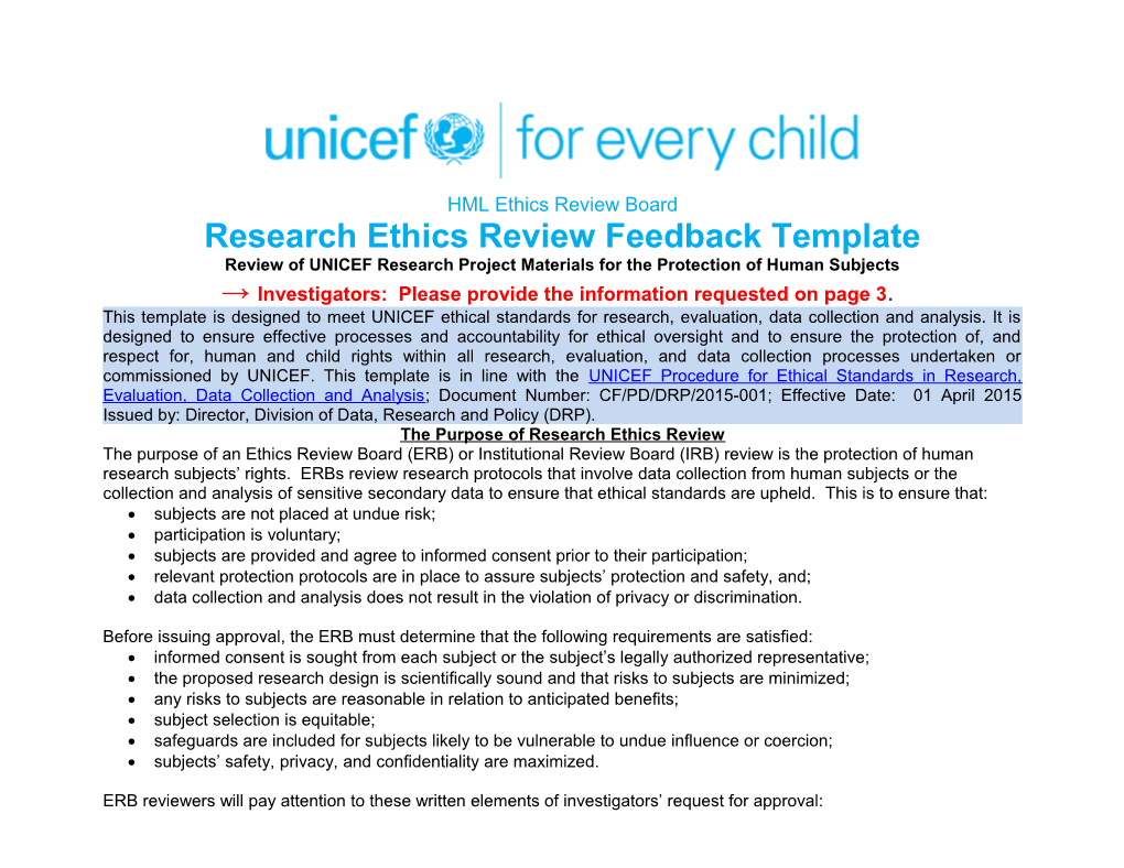 Research Ethics Review Feedback Template