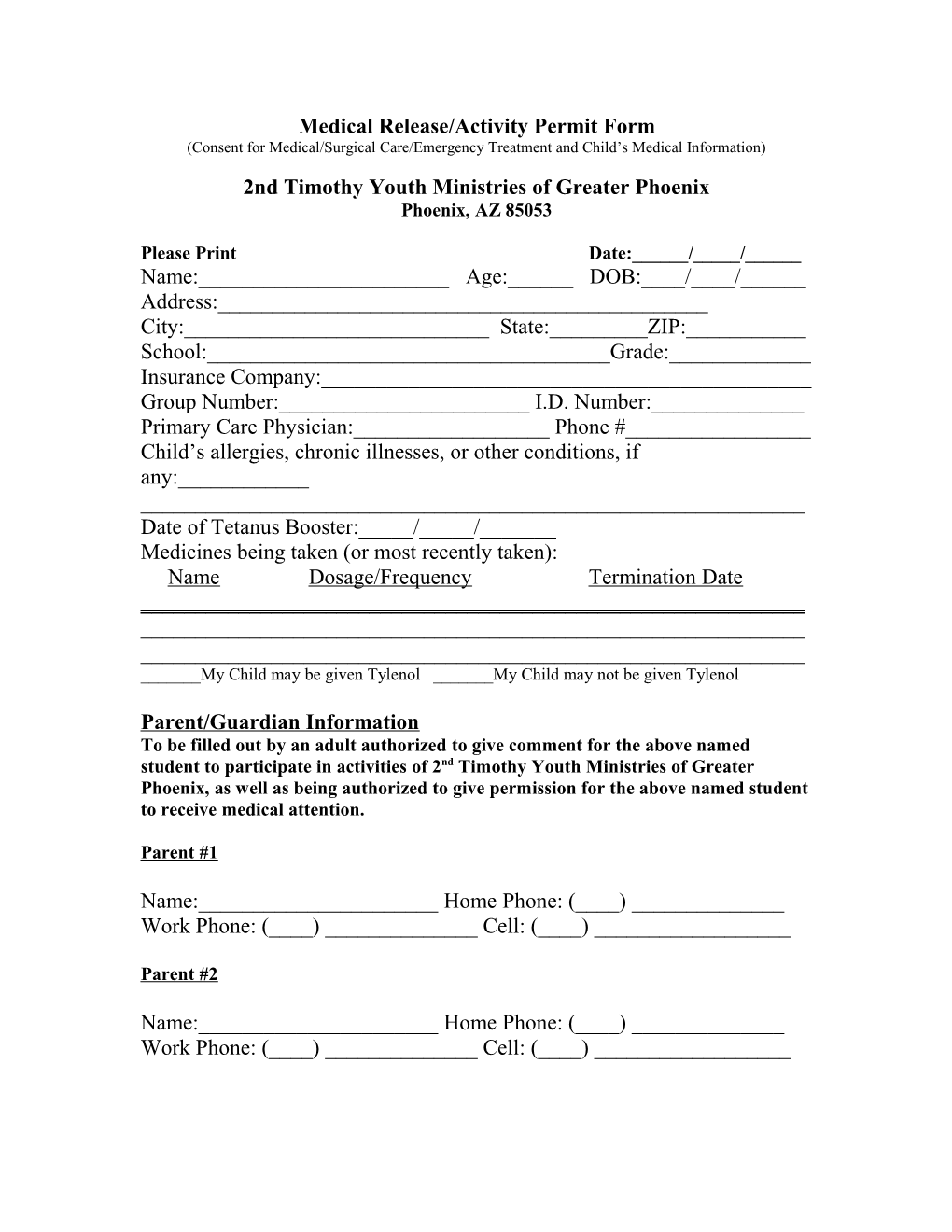 Medical Release/Activity Permit Form
